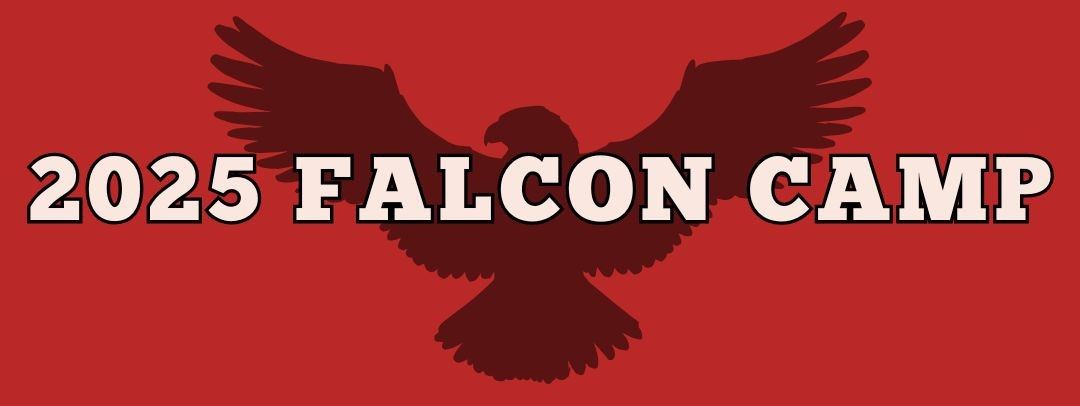  red image of a falcon with the text 2025 falcon camp